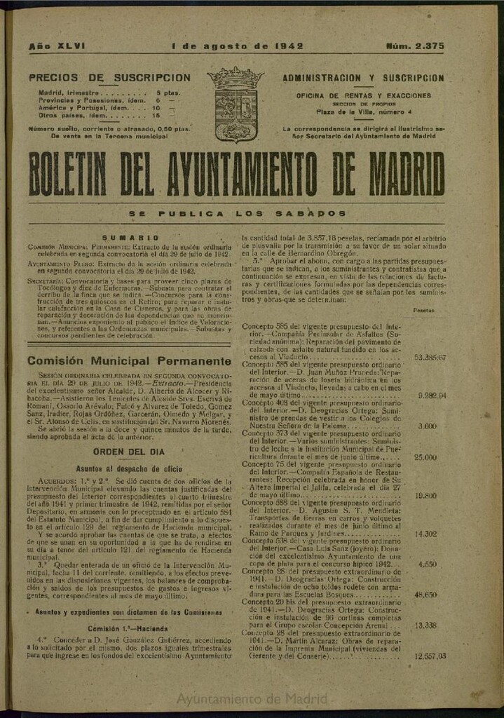 Miniatura de Boletín Oficial del Ayuntamiento de Madrid del 1 de agosto de 1942, nº 2375