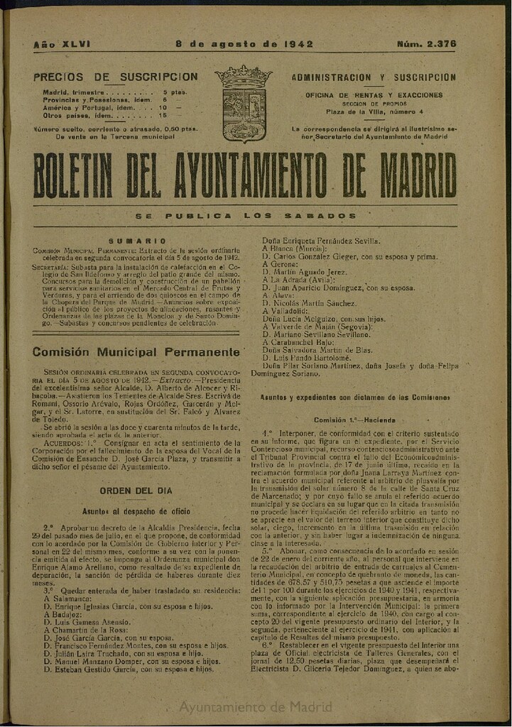 Miniatura de Boletín Oficial del Ayuntamiento de Madrid del 8 de agosto de 1942, nº 2376