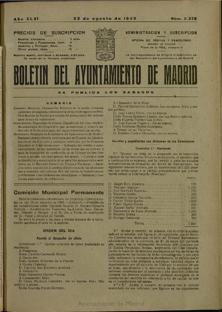Miniatura de Boletín Oficial del Ayuntamiento de Madrid del 22 de agosto de 1942, nº 2378