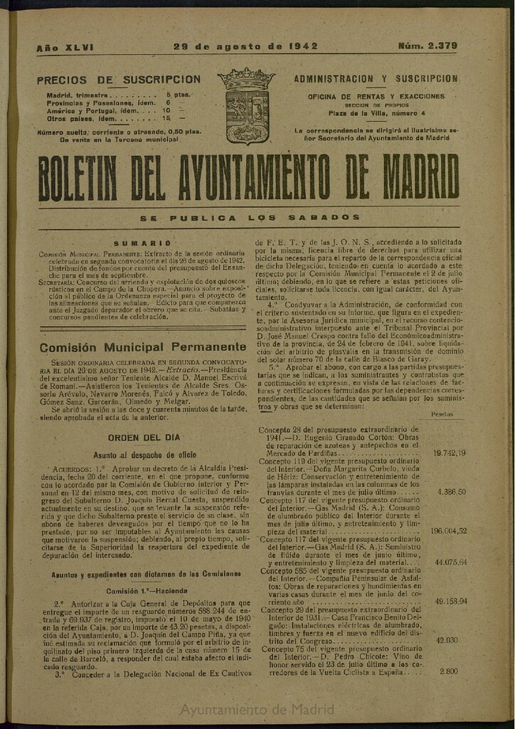 Miniatura de Boletín Oficial del Ayuntamiento de Madrid del 29 de agosto de 1942, nº 2379