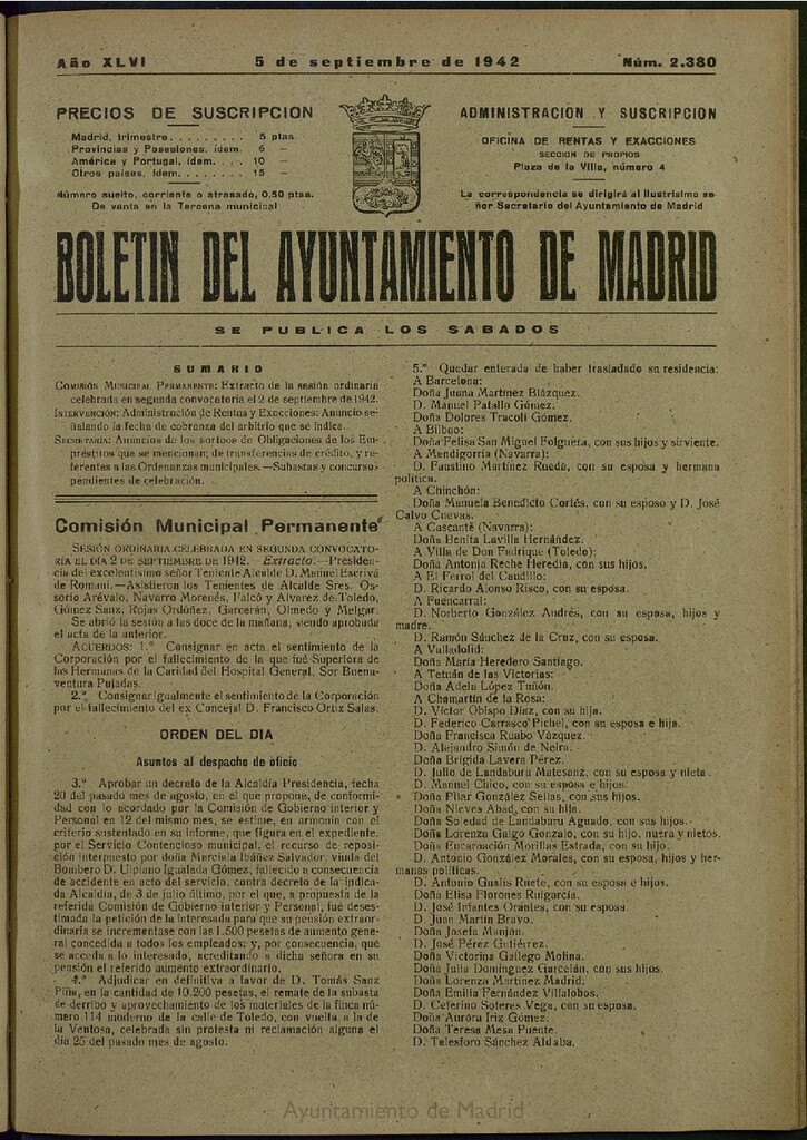 Miniatura de Boletín Oficial del Ayuntamiento de Madrid del 5 de septiembre de 1942, nº 2380