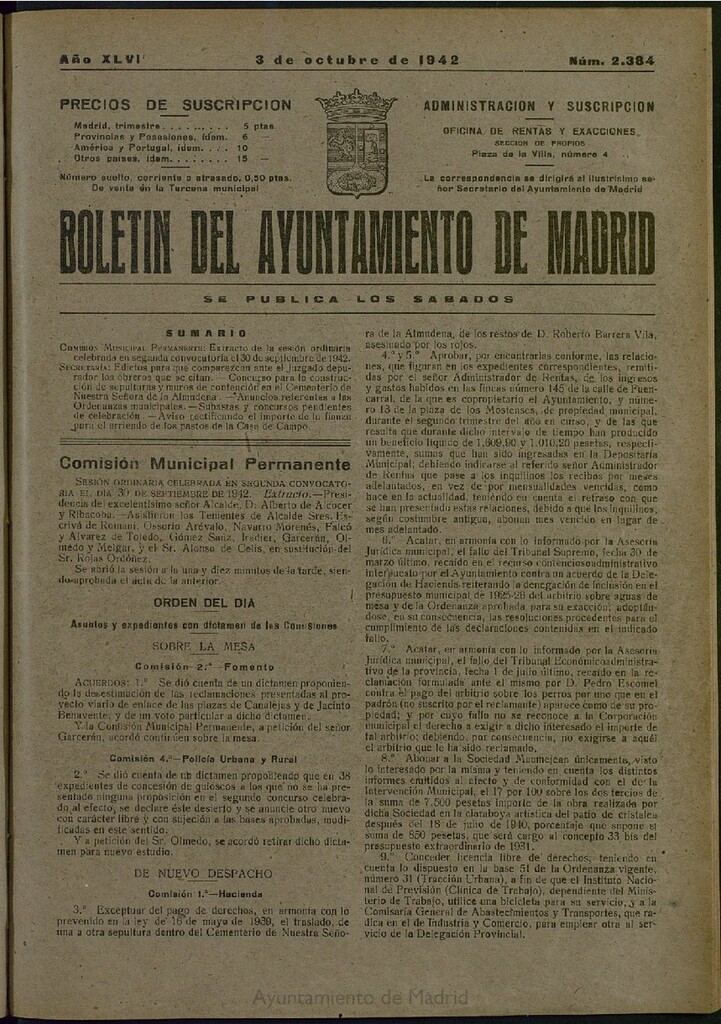Miniatura de Boletín Oficial del Ayuntamiento de Madrid del 3 de octubre de 1942, nº 2384