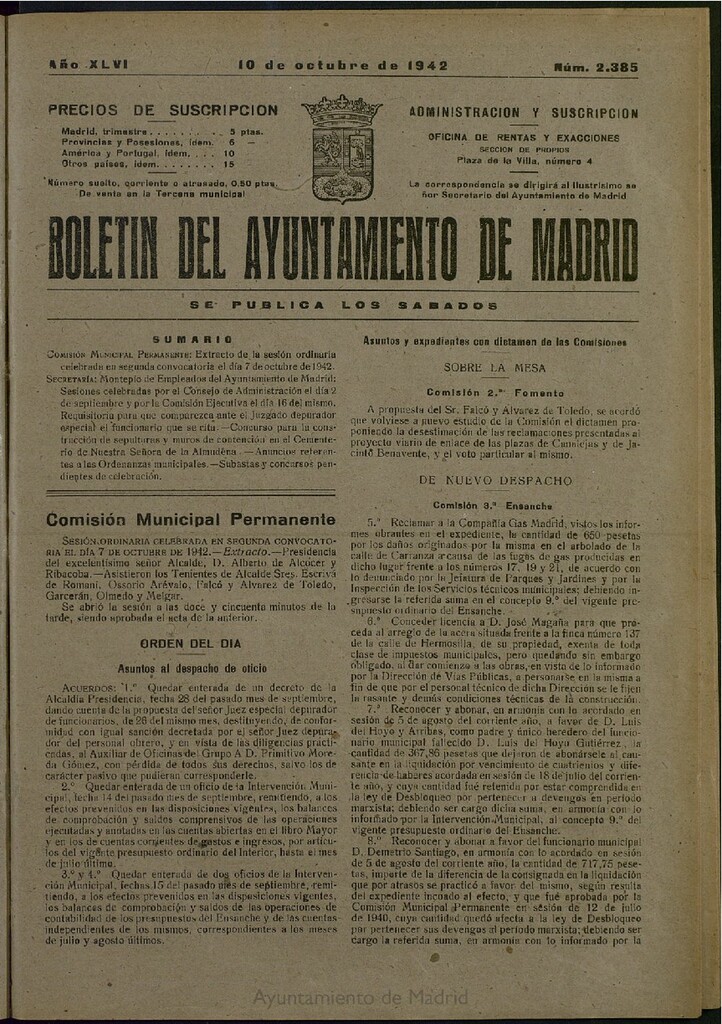 Miniatura de Boletín Oficial del Ayuntamiento de Madrid del 10 de octubre de 1942, nº 2385