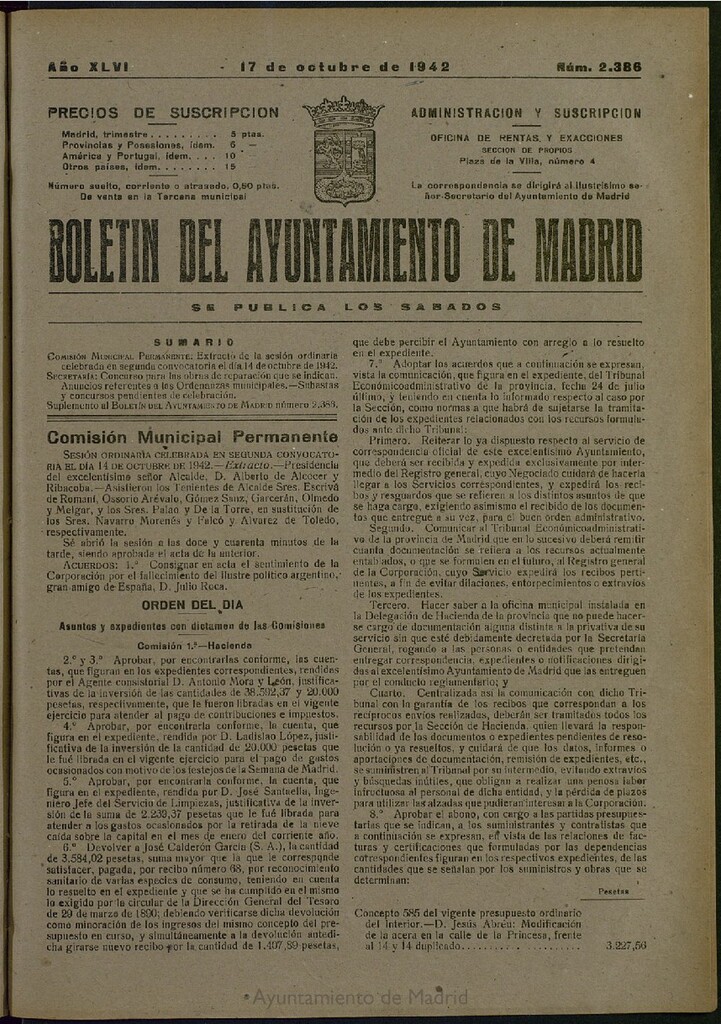 Miniatura de Boletín Oficial del Ayuntamiento de Madrid del 17 de octubre de 1942, nº 2386