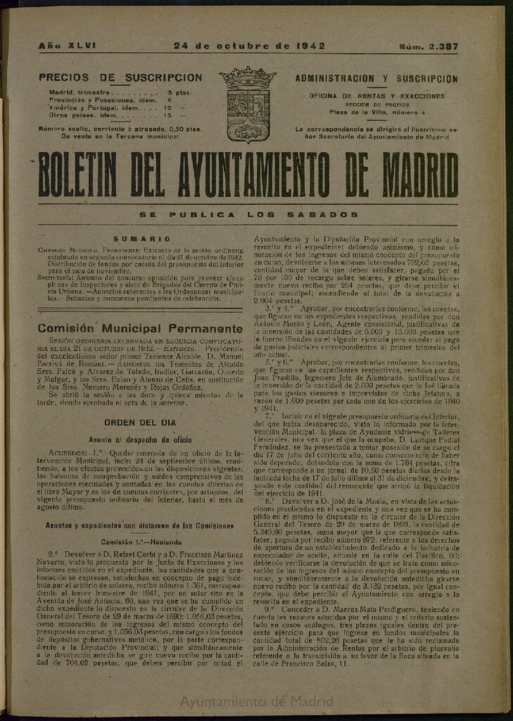 Miniatura de Boletín Oficial del Ayuntamiento de Madrid del 24 de octubre de 1942, nº 2387