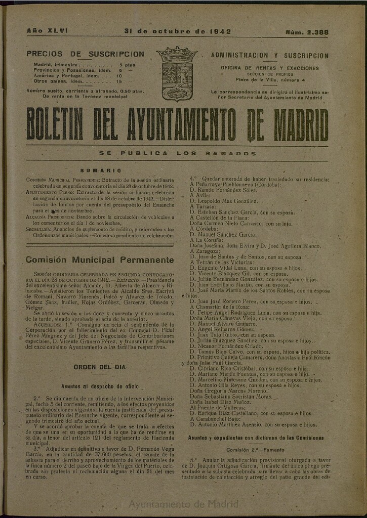 Miniatura de Boletín Oficial del Ayuntamiento de Madrid del 31 de octubre de 1942, nº 2388