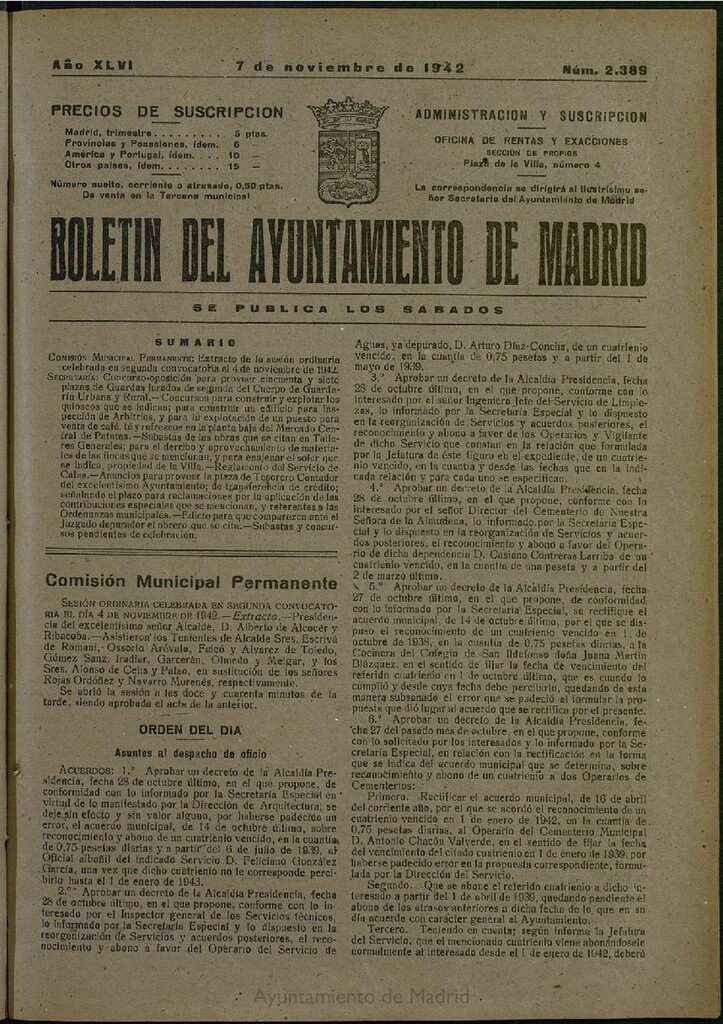 Miniatura de Boletín Oficial del Ayuntamiento de Madrid del 7 de noviembre de 1942, nº 2389