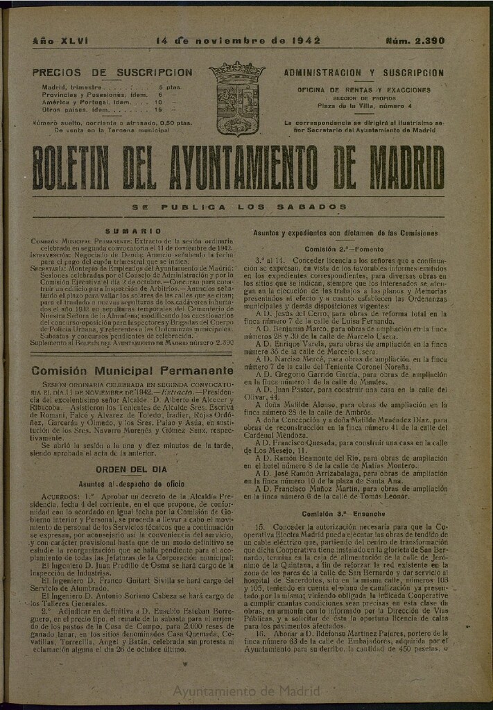 Miniatura de Boletín Oficial del Ayuntamiento de Madrid del 14 de noviembre de 1942, nº 2390