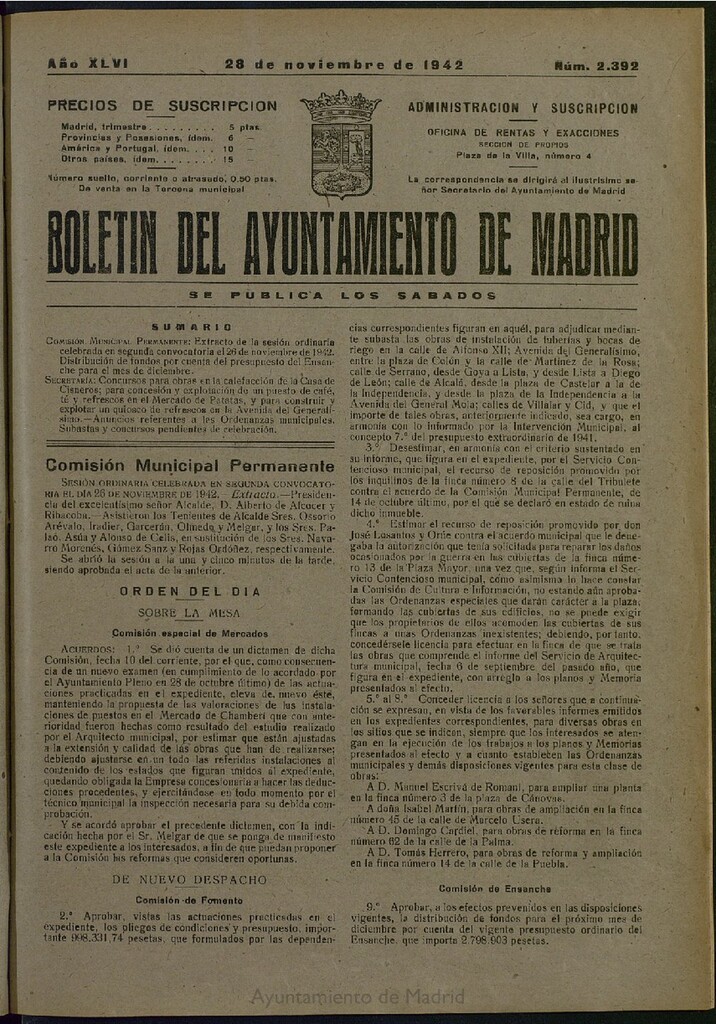 Miniatura de Boletín Oficial del Ayuntamiento de Madrid del 28 de noviembre de 1942, nº 2392