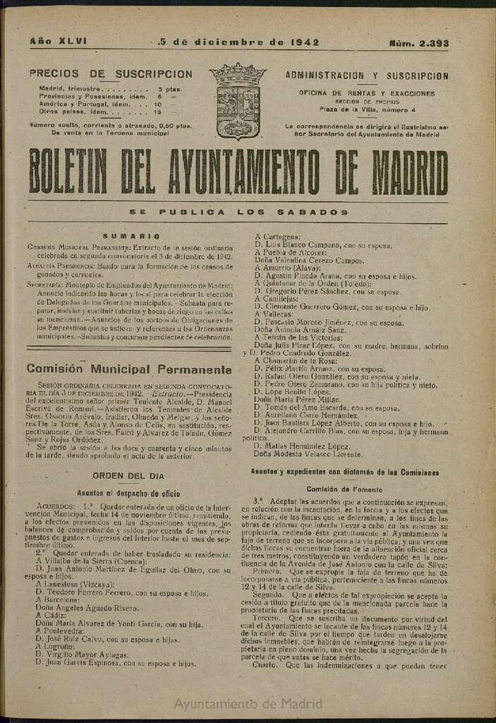Miniatura de Boletín Oficial del Ayuntamiento de Madrid del 5 de diciembre de 1942, nº 2393