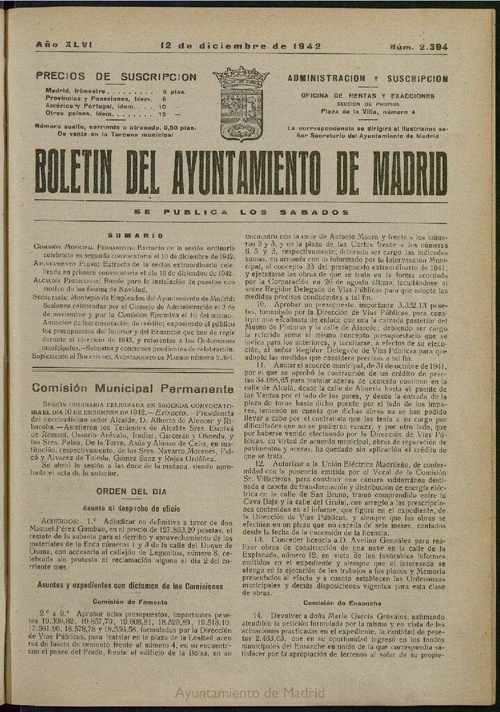 Miniatura de Boletín Oficial del Ayuntamiento de Madrid del 12 de diciembre de 1942, nº 2394