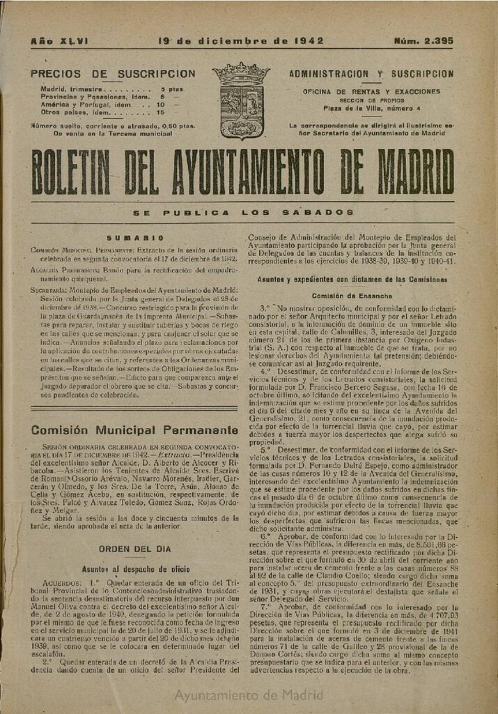 Miniatura de Boletín Oficial del Ayuntamiento de Madrid del 19 de diciembre de 1942, nº 2395