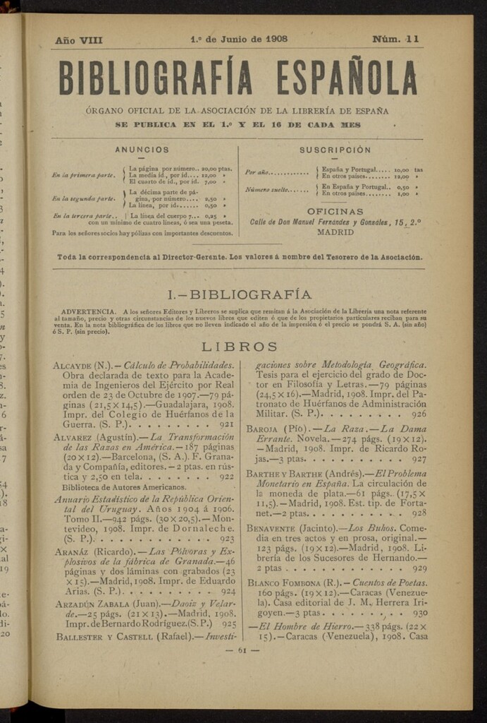 Miniatura de Bibliografía Española del 1 de junio de 1908