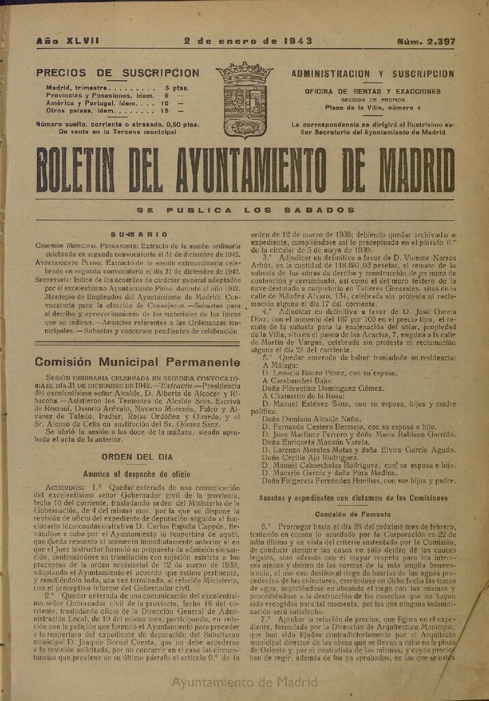 Miniatura de Boletín Oficial del Ayuntamiento de Madrid del 2 de enero de 1943, nº 2397