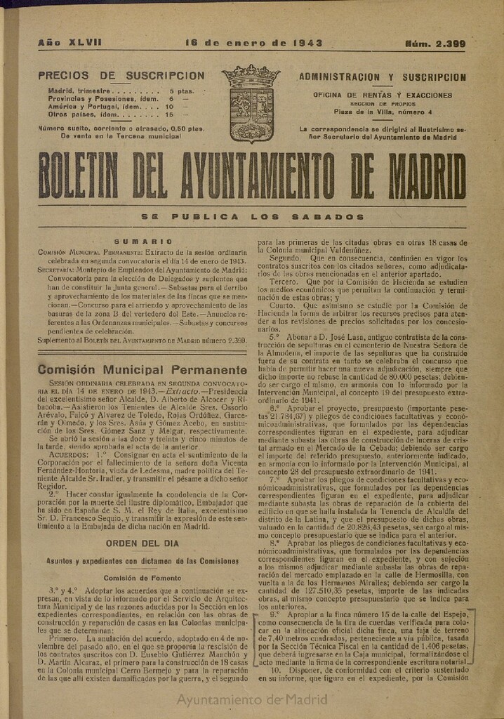 Miniatura de Boletín Oficial del Ayuntamiento de Madrid del 16 de enero de 1943, nº 2399