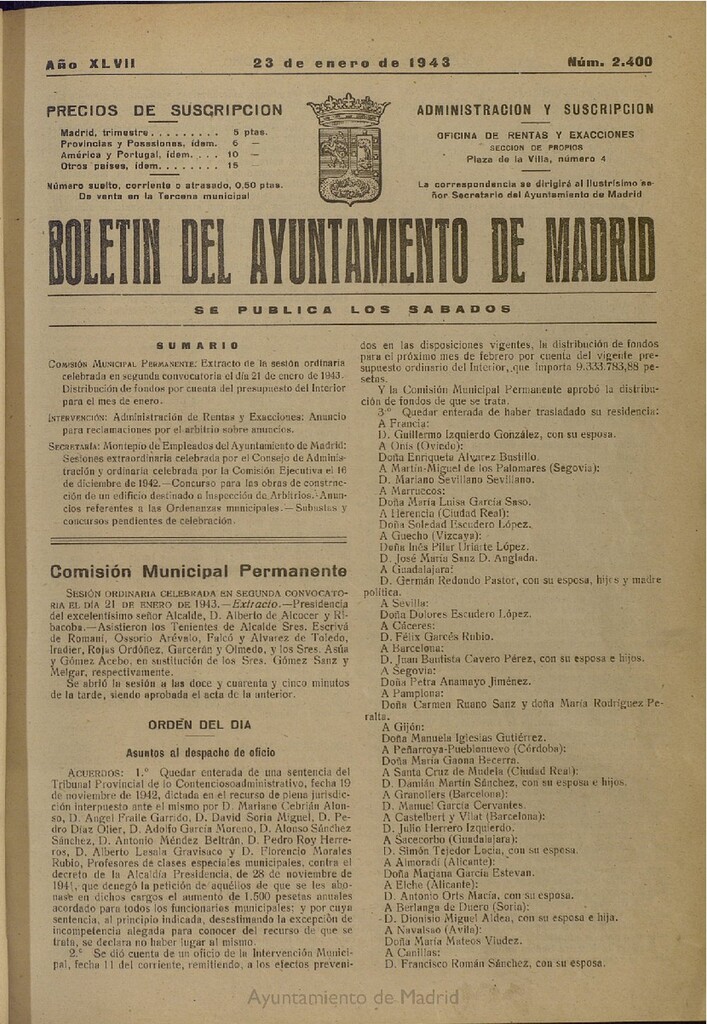 Miniatura de Boletín Oficial del Ayuntamiento de Madrid del 23 de enero de 1943, nº 2400