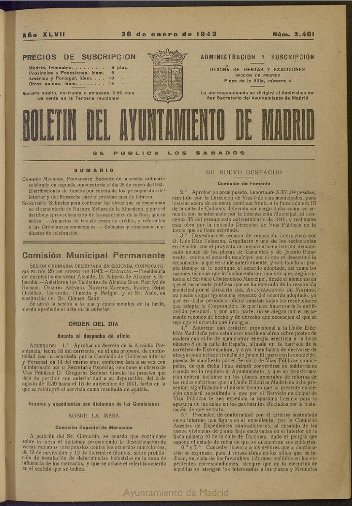 Miniatura de Boletín Oficial del Ayuntamiento de Madrid del 30 de enero de 1943, nº 2401