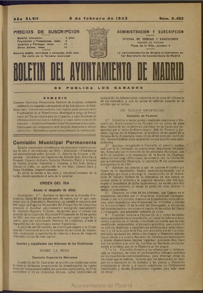 Miniatura de Boletín Oficial del Ayuntamiento de Madrid del 6 de febrero de 1943, nº 2402