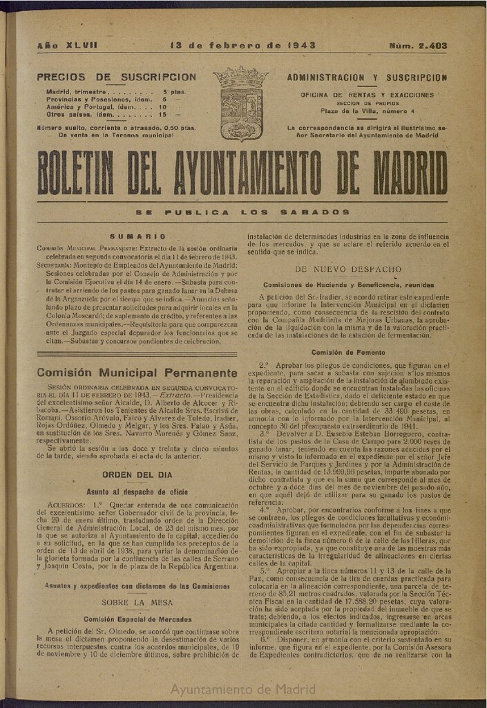 Miniatura de Boletín Oficial del Ayuntamiento de Madrid del 13 de febrero de 1943, nº 2403