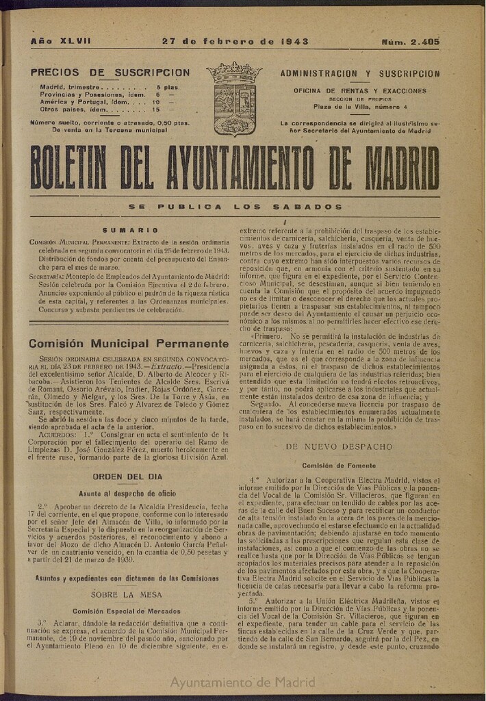 Miniatura de Boletín Oficial del Ayuntamiento de Madrid del 27 de febrero de 1943, nº 2405