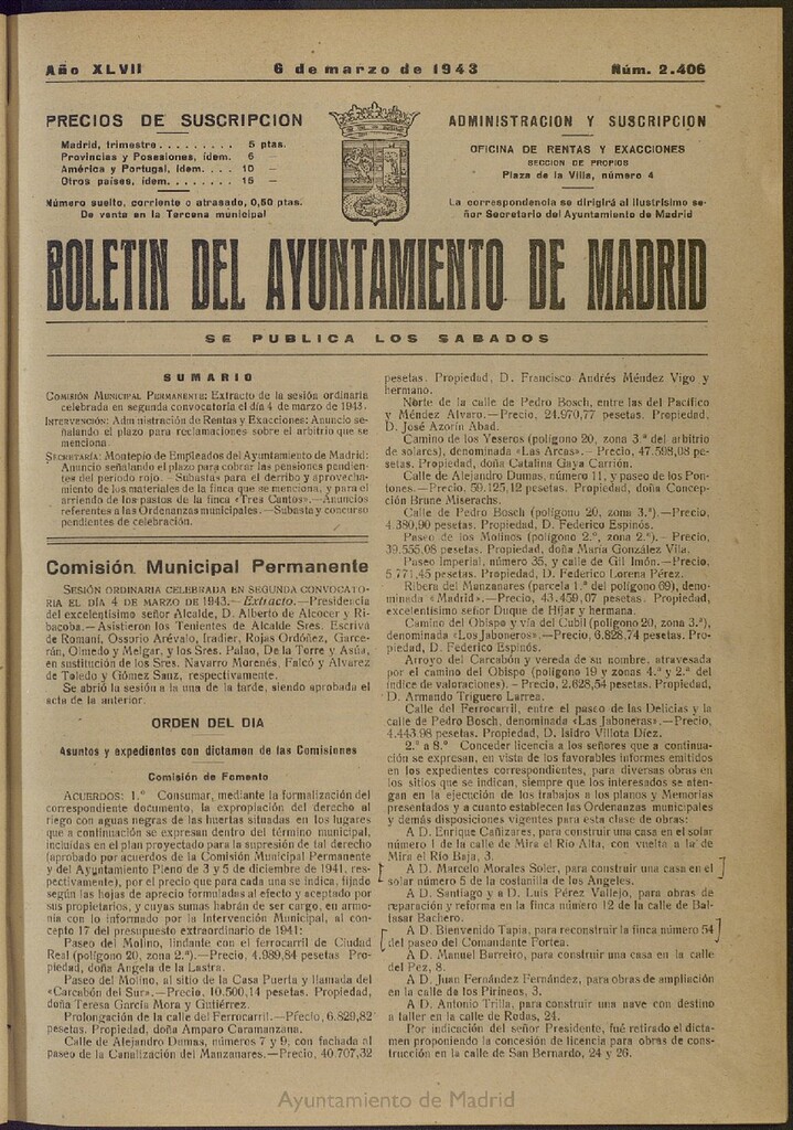Miniatura de Boletín Oficial del Ayuntamiento de Madrid del 6 de marzo de 1943, nº 2406