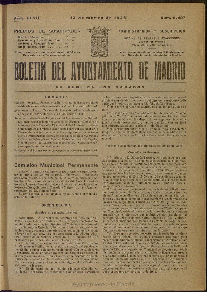 Miniatura de Boletín Oficial del Ayuntamiento de Madrid del 13 de marzo de 1943, nº 2407