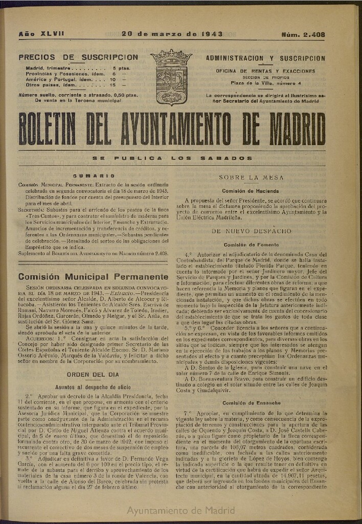Miniatura de Boletín Oficial del Ayuntamiento de Madrid del 20 de marzo de 1943, nº 2408
