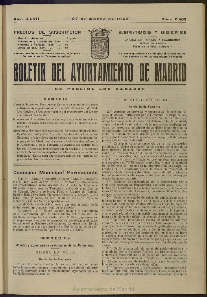 Miniatura de Boletín Oficial del Ayuntamiento de Madrid del 27 de marzo de 1943, nº 2409