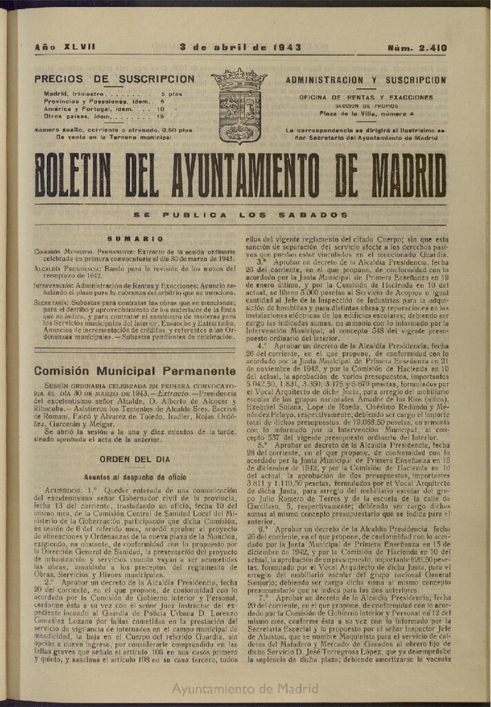 Miniatura de Boletín Oficial del Ayuntamiento de Madrid del 3 de abril de 1943, nº 2410