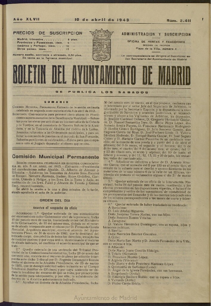 Miniatura de Boletín Oficial del Ayuntamiento de Madrid del 10 de abril de 1943, nº 2411