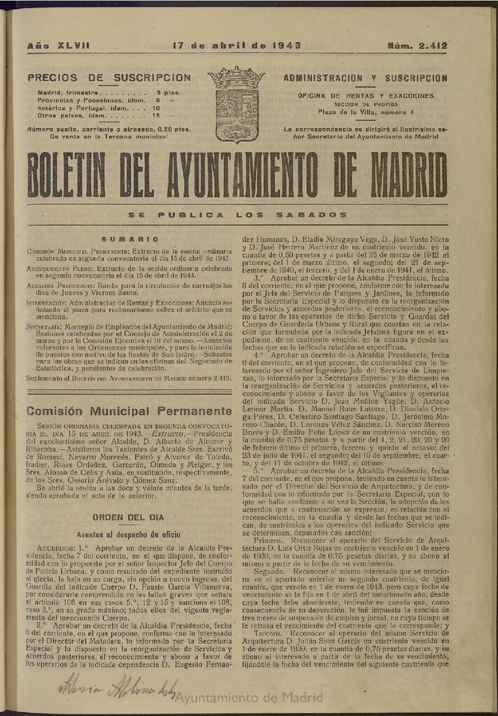 Miniatura de Boletín Oficial del Ayuntamiento de Madrid del 17 de abril de 1943, nº 2412