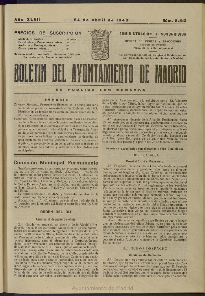 Miniatura de Boletín Oficial del Ayuntamiento de Madrid del 24 de abril de 1943, nº 2413
