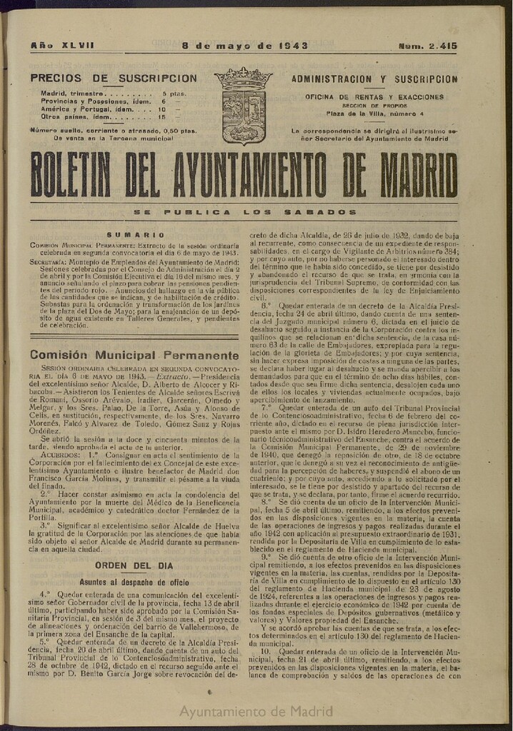 Miniatura de Boletín Oficial del Ayuntamiento de Madrid del 8 de mayo de 1943, nº 2415
