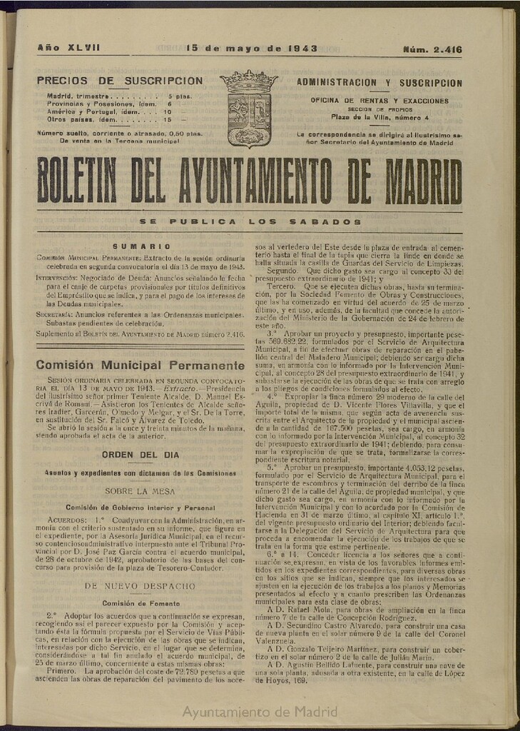 Miniatura de Boletín Oficial del Ayuntamiento de Madrid del 15 de mayo de 1943, nº 2416