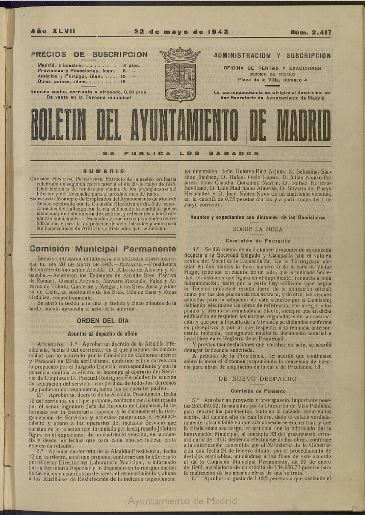 Miniatura de Boletín Oficial del Ayuntamiento de Madrid del 22 de mayo de 1943, nº 2417