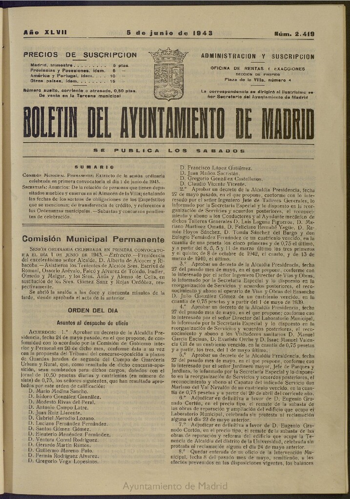 Miniatura de Boletín Oficial del Ayuntamiento de Madrid del 5 de junio de 1943, nº 2419