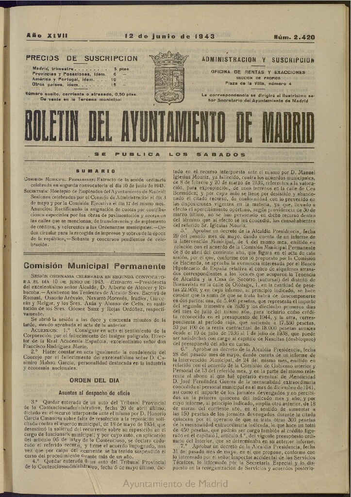 Miniatura de Boletín Oficial del Ayuntamiento de Madrid del 12 de junio de 1943, nº 2420