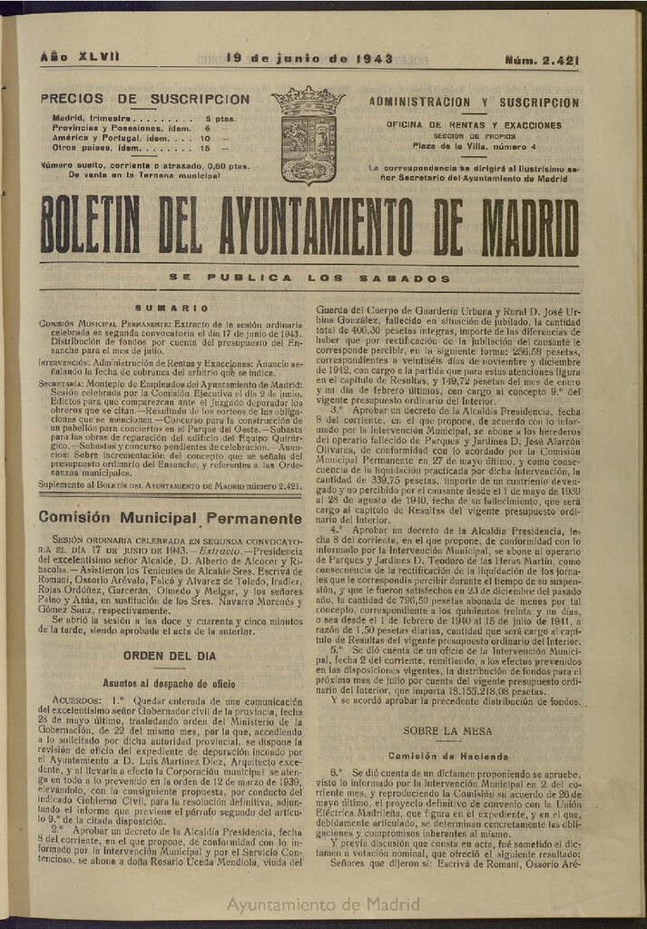 Miniatura de Boletín Oficial del Ayuntamiento de Madrid del 19 de junio de 1943, nº 2421