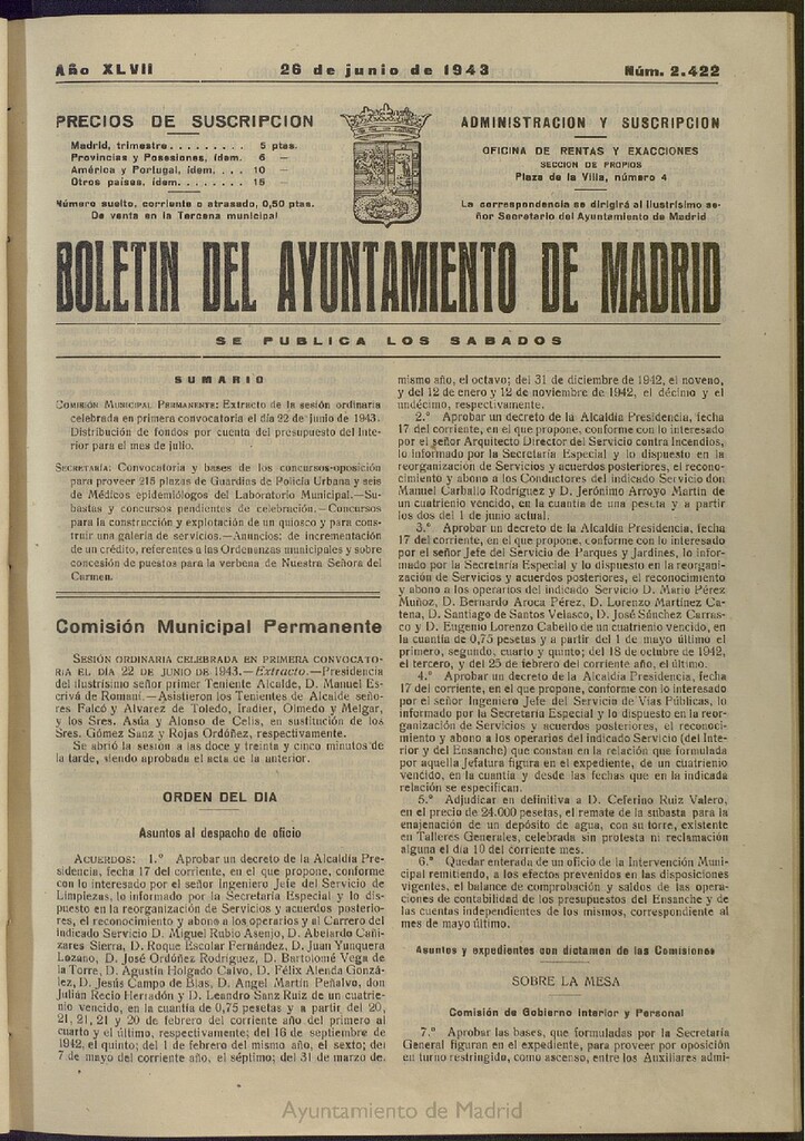 Miniatura de Boletín Oficial del Ayuntamiento de Madrid del 26 de junio de 1943, nº 2422