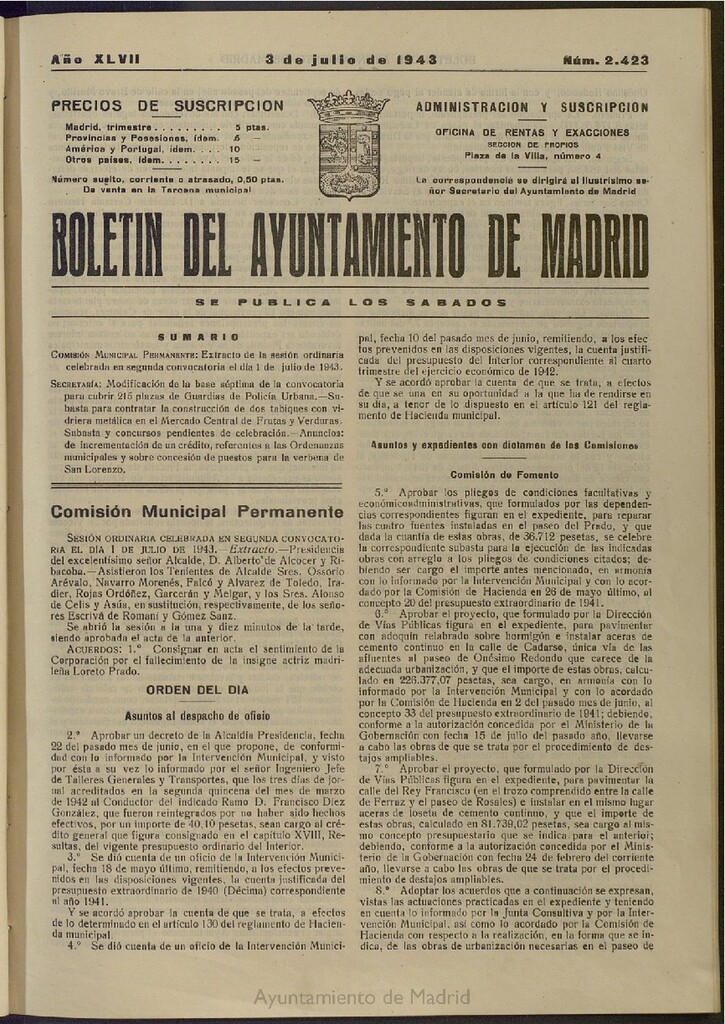 Miniatura de Boletín Oficial del Ayuntamiento de Madrid del 3 de julio de 1943, nº 2423