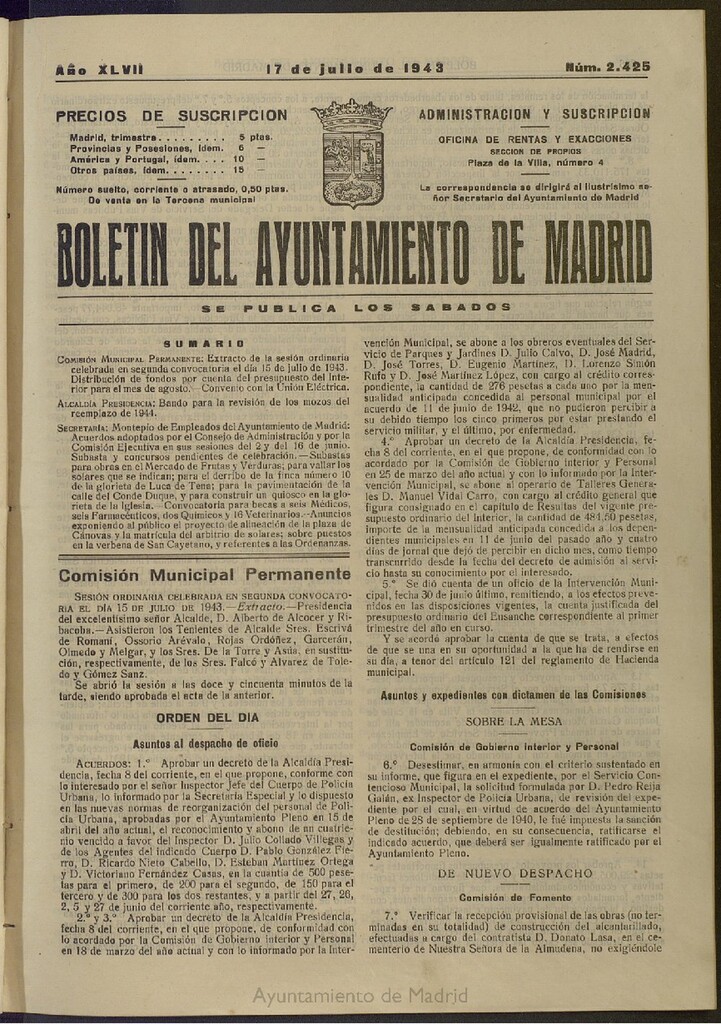 Miniatura de Boletín Oficial del Ayuntamiento de Madrid del 17 de julio de 1943, nº 2425
