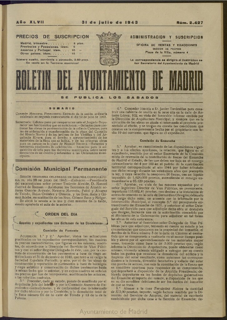 Miniatura de Boletín Oficial del Ayuntamiento de Madrid del 31 de julio de 1943, nº 2427