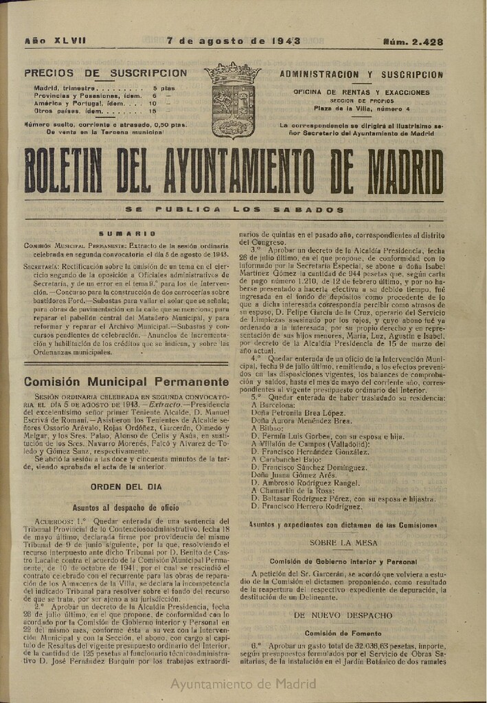 Miniatura de Boletín Oficial del Ayuntamiento de Madrid del 7 de agosto de 1943, nº 2428