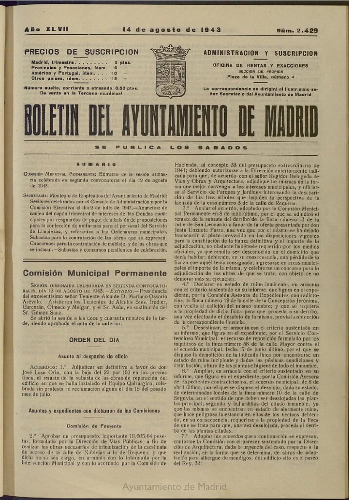 Miniatura de Boletín Oficial del Ayuntamiento de Madrid del 14 de agosto de 1943, nº 2429