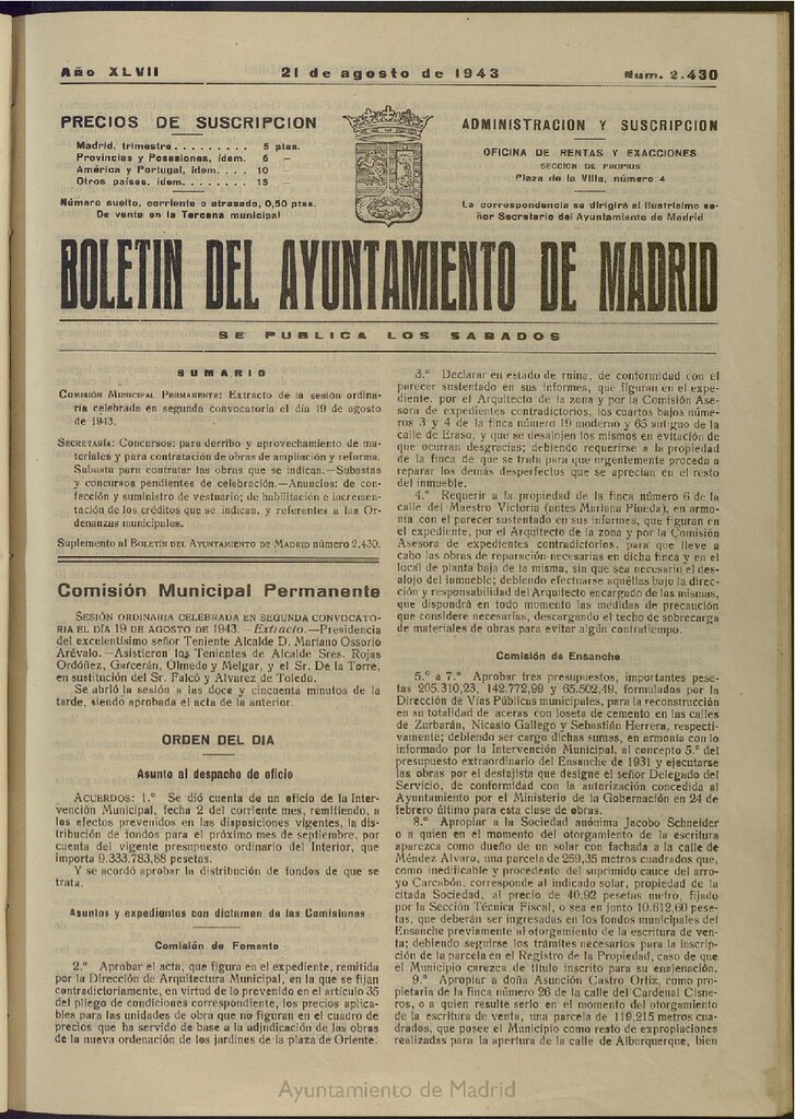 Miniatura de Boletín Oficial del Ayuntamiento de Madrid del 21 de agosto de 1943, nº 2430