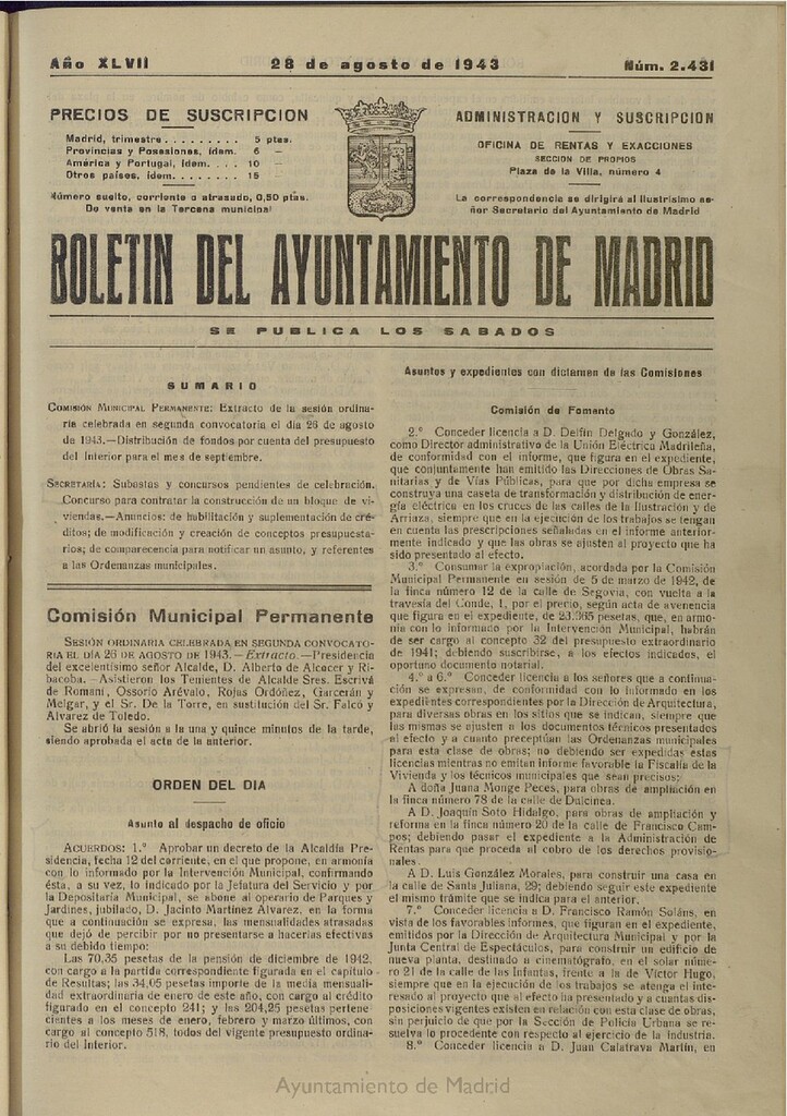 Miniatura de Boletín Oficial del Ayuntamiento de Madrid del 28 de agosto de 1943, nº 2431