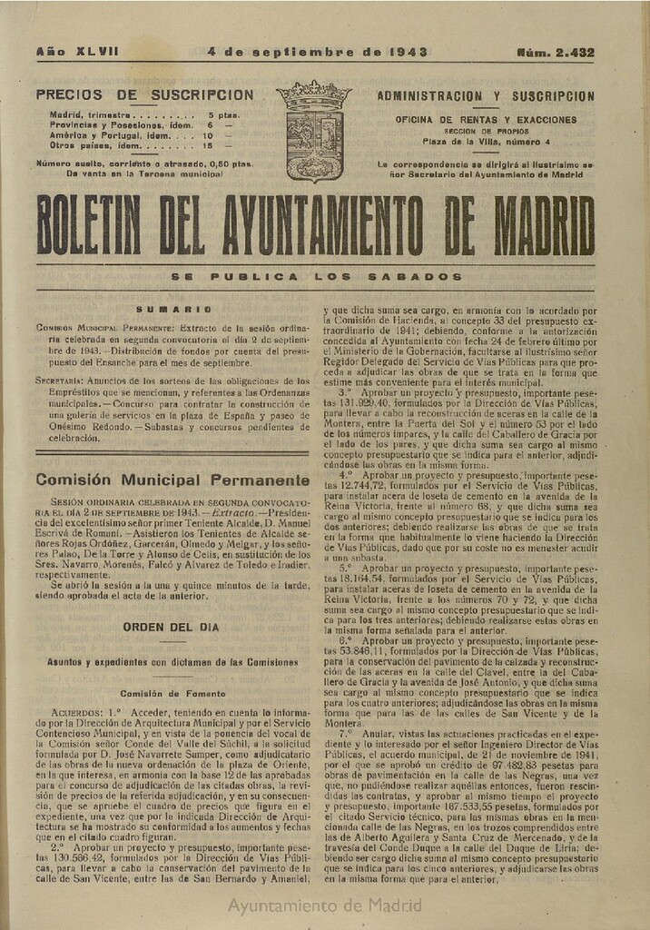 Miniatura de Boletín Oficial del Ayuntamiento de Madrid del 4 de septiembre de 1943, nº 2432