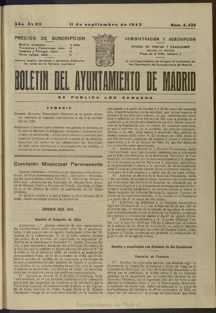 Miniatura de Boletín Oficial del Ayuntamiento de Madrid del 11 de septiembre de 1943, nº 2433