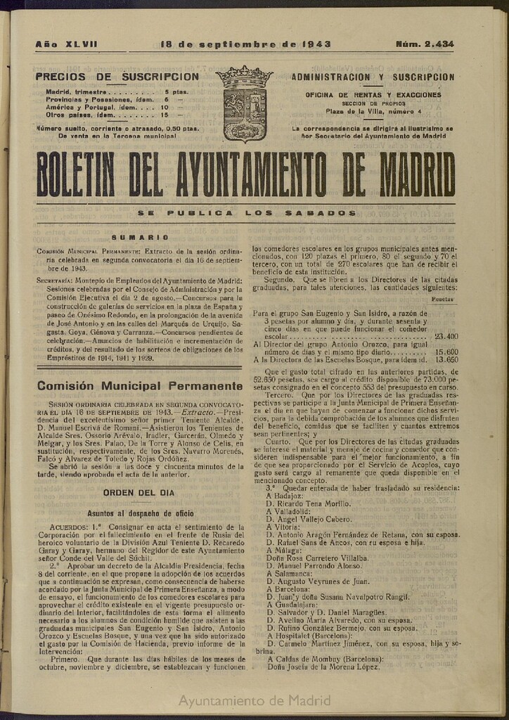 Miniatura de Boletín Oficial del Ayuntamiento de Madrid del 18 de septiembre de 1943, nº 2434