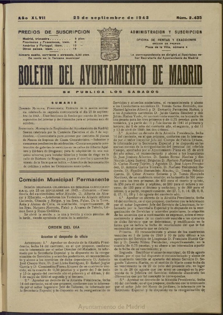 Miniatura de Boletín Oficial del Ayuntamiento de Madrid del 25 de septiembre de 1943, nº 2435